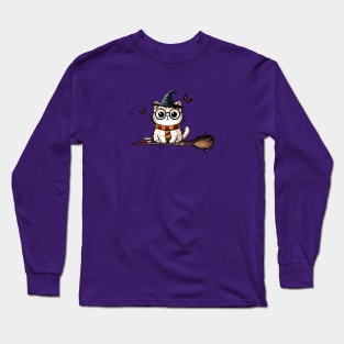 Witch cat fly on broom Long Sleeve T-Shirt